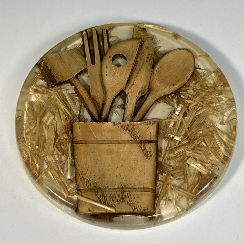 Vintage 70's Retro Wood Lucite Resin Trivet Hot Plate UTENSILS Kitchen Boho